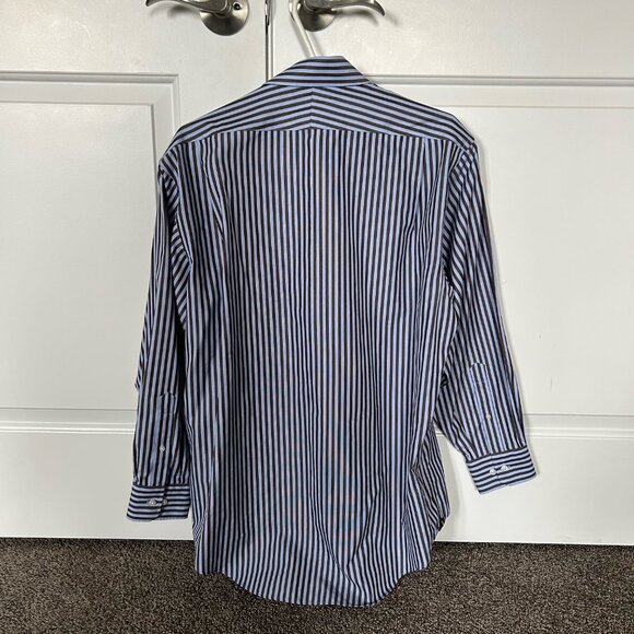 Hudson Room Men's Button Down Dress Shirt Blue with Brown Stripes Size 16.5/33 - Picture 2 of 6